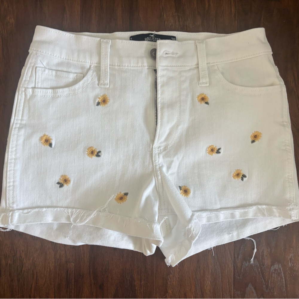 Hollister White Sunflower Embroidered Jean Shorts